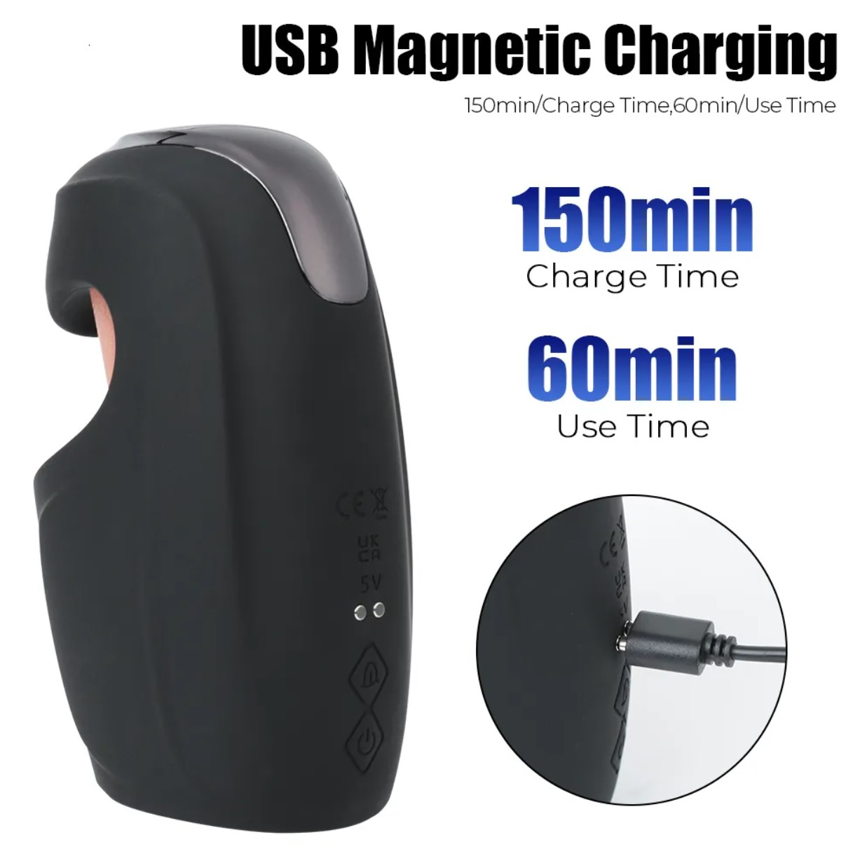 Stimulator Penis Blowjob, Vibrating&Tappping&Licking, Silicon, Negru, USB Magnetic, 14.5 cm, #7, Erotic24.ro