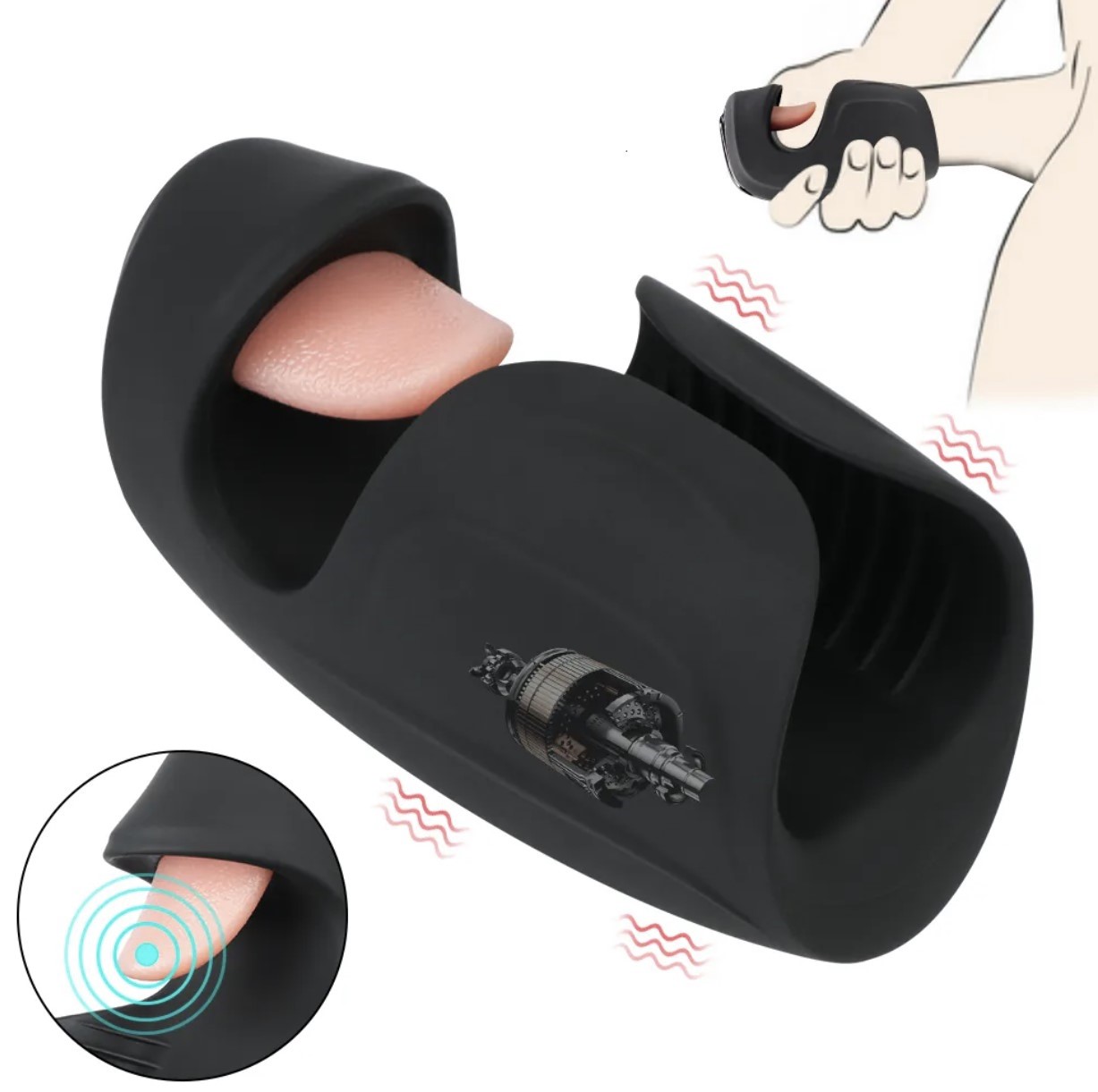 Stimulator Penis Blowjob, Vibrating&Tappping&Licking, Silicon, Negru, USB Magnetic, 14.5 cm, #2, Erotic24.ro