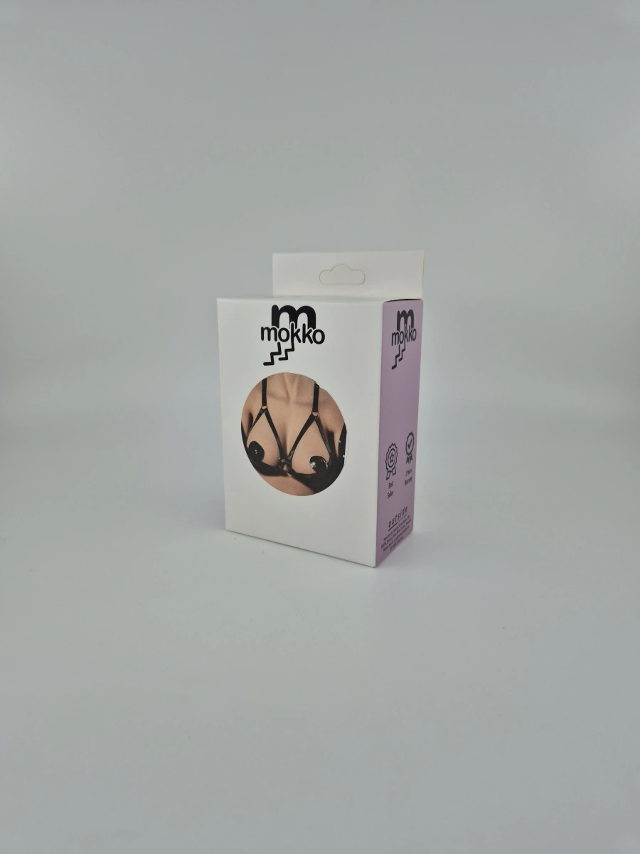 Sutien Open Cups din Benzi Satinate Misty, Negru, S-L, Mokko Toys, Nr. 5, Erotic24.ro