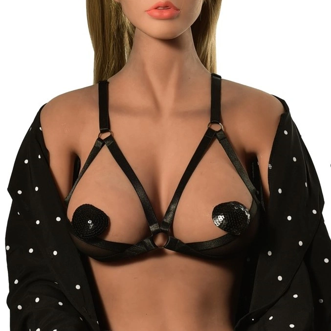 Sutien Open Cups din Benzi Satinate Misty, Negru, S-L, Mokko Toys