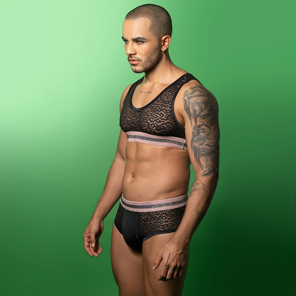 Set Lenjerie Barbati 2 Piese, Plasa, Banda Roz Elastica, Negru, S/M, #5, Erotic24.ro