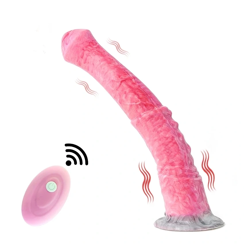 Vibrator Horse Cock, Remote Control, 10 Moduri Vibratii, Silicon Lichid, Roz/Gri, 29 cm