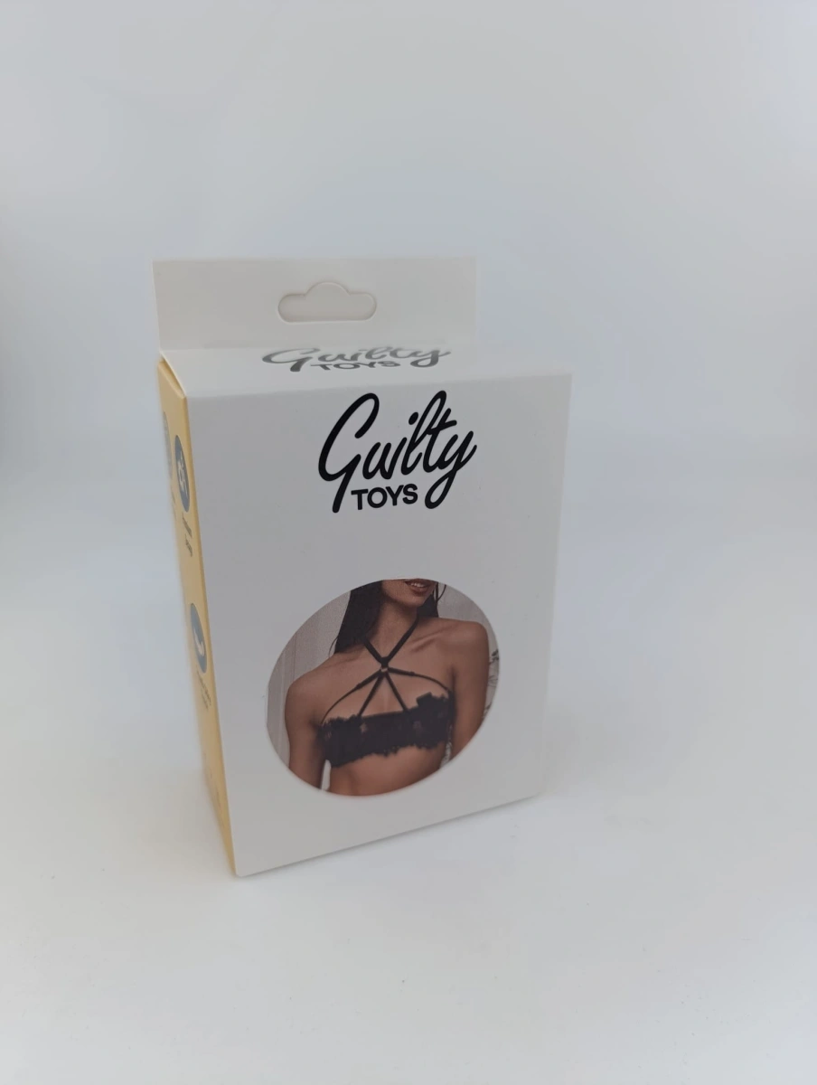 Sutien Harness Lolita Elastic si Reglabil, Aspect Lucios, Negru, XS-L, Guilty Toys, #2, Erotic24.ro