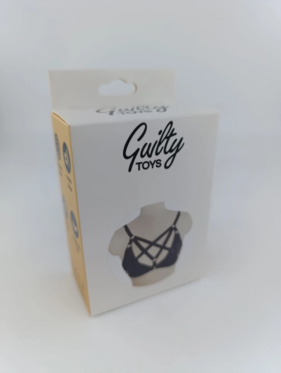 Top Harness Denisse Elastic si Reglabil, Aspect Lucios, Negru, XS-L, Guilty Toys, Nr. 2, Erotic24.ro
