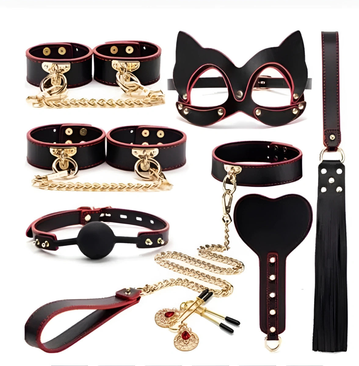 Set BDSM Luxury Cat Woman 8 Piese, Negru/Rosu, Guilty Toys