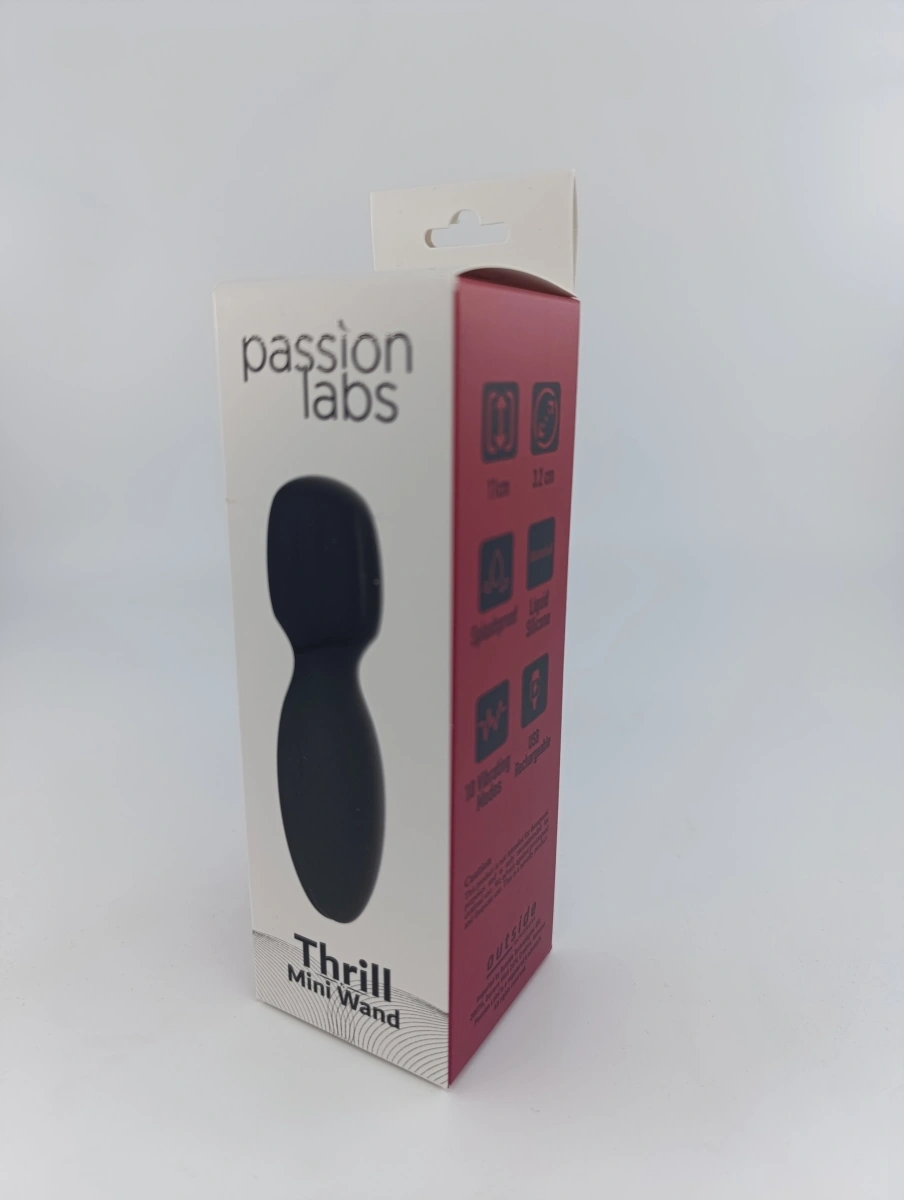 Vibrator Mini Wand Thrill, 10 Moduri Vibratii, Silicon Lichid, USB, Negru, 11 cm, Passion Labs, Nr. 9, Erotic24.ro