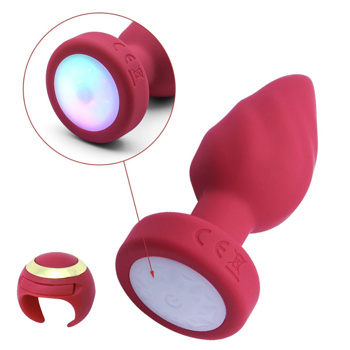 Dop Anal Led Light Vibrating Plug, Remote Control, 10 Moduri Vibratii, Silicon, USB, Rosu, 9 cm, Passion Labs