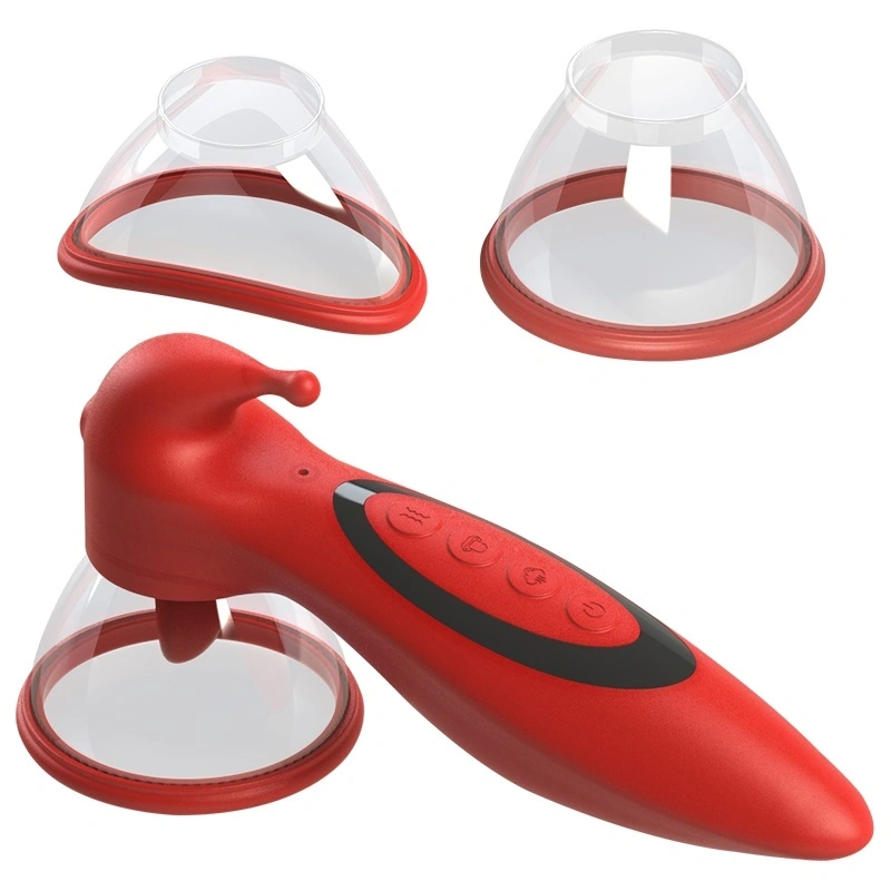 Stimulator 3 in 1, 2 Cupe Incluse, 10 Moduri Vibratii, 10 Moduri Suctiune, 10 Moduri Miscari Limba, Silicon, USB, Rosu, 17.1 cm, #8, Erotic24.ro