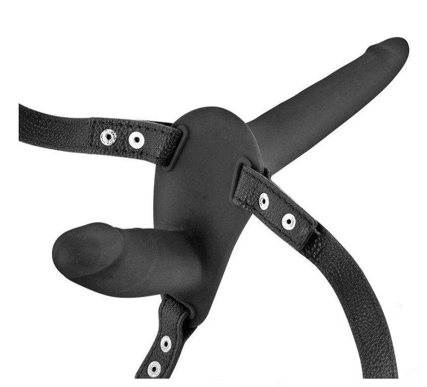 Strap-on pentru Femei-Double Dildo-Silicon, Negru, Guilty Toys