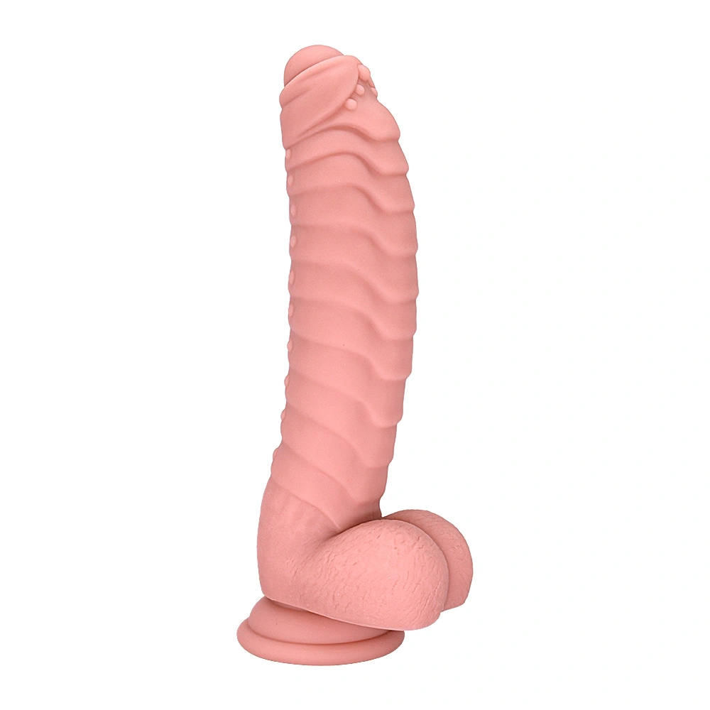 Dildo Ribbed cu Ventuza, Silicon Lichid, Natural, 22.5 cm, Mokko Toys