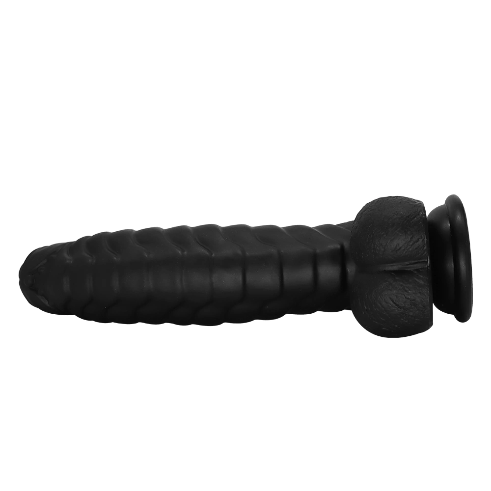 Dildo Ribbed cu Ventuza, Silicon Lichid, Negru, 22.5 cm, Mokko Toys, #7, Erotic24.ro