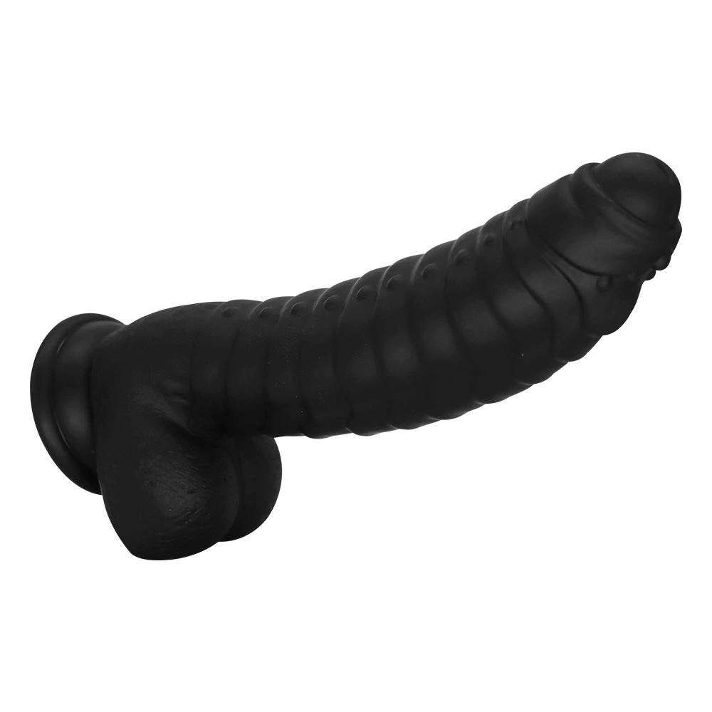 Dildo Ribbed cu Ventuza, Silicon Lichid, Negru, 22.5 cm, Mokko Toys, #8, Erotic24.ro