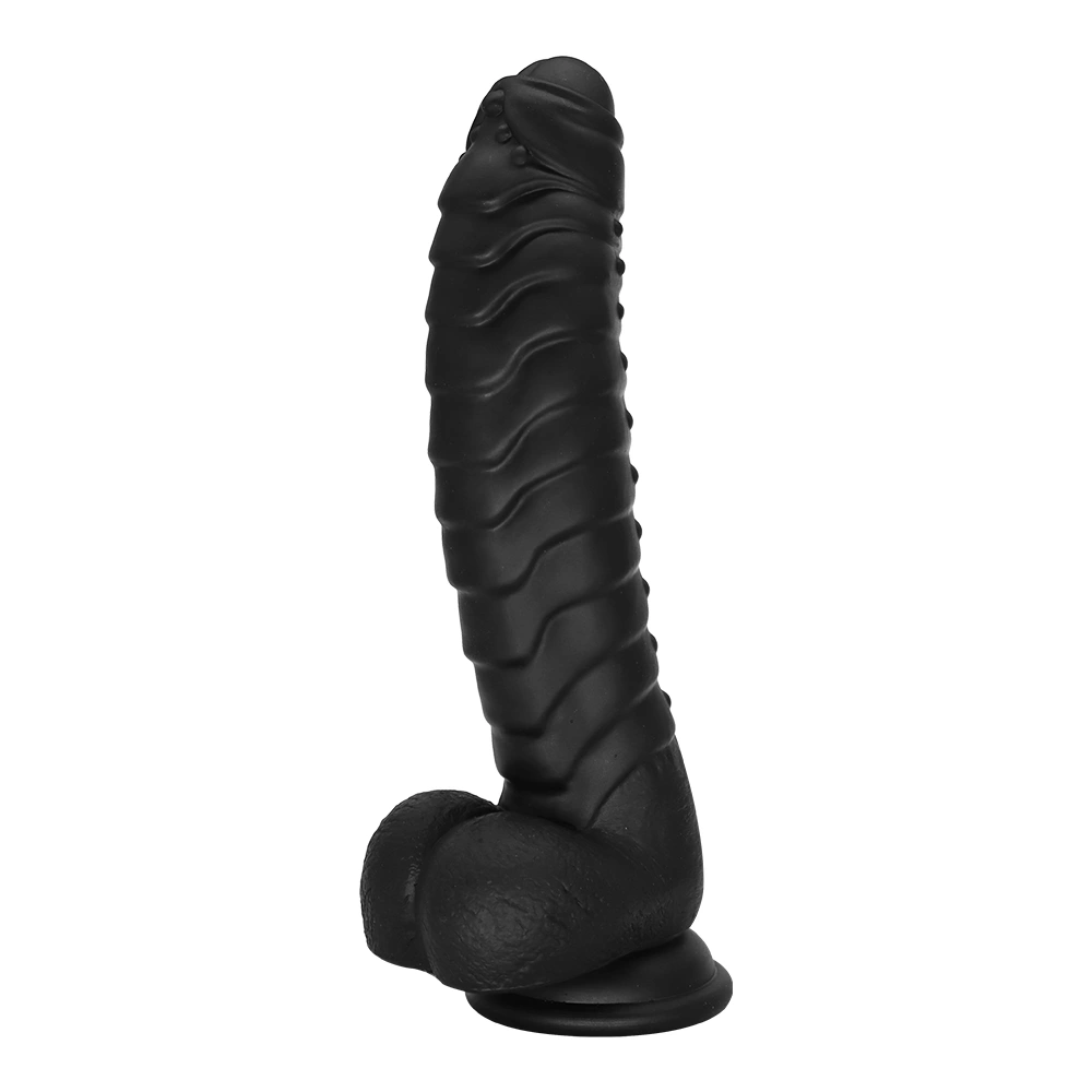 Dildo Ribbed cu Ventuza, Silicon Lichid, Negru, 22.5 cm, Mokko Toys, #3, Erotic24.ro