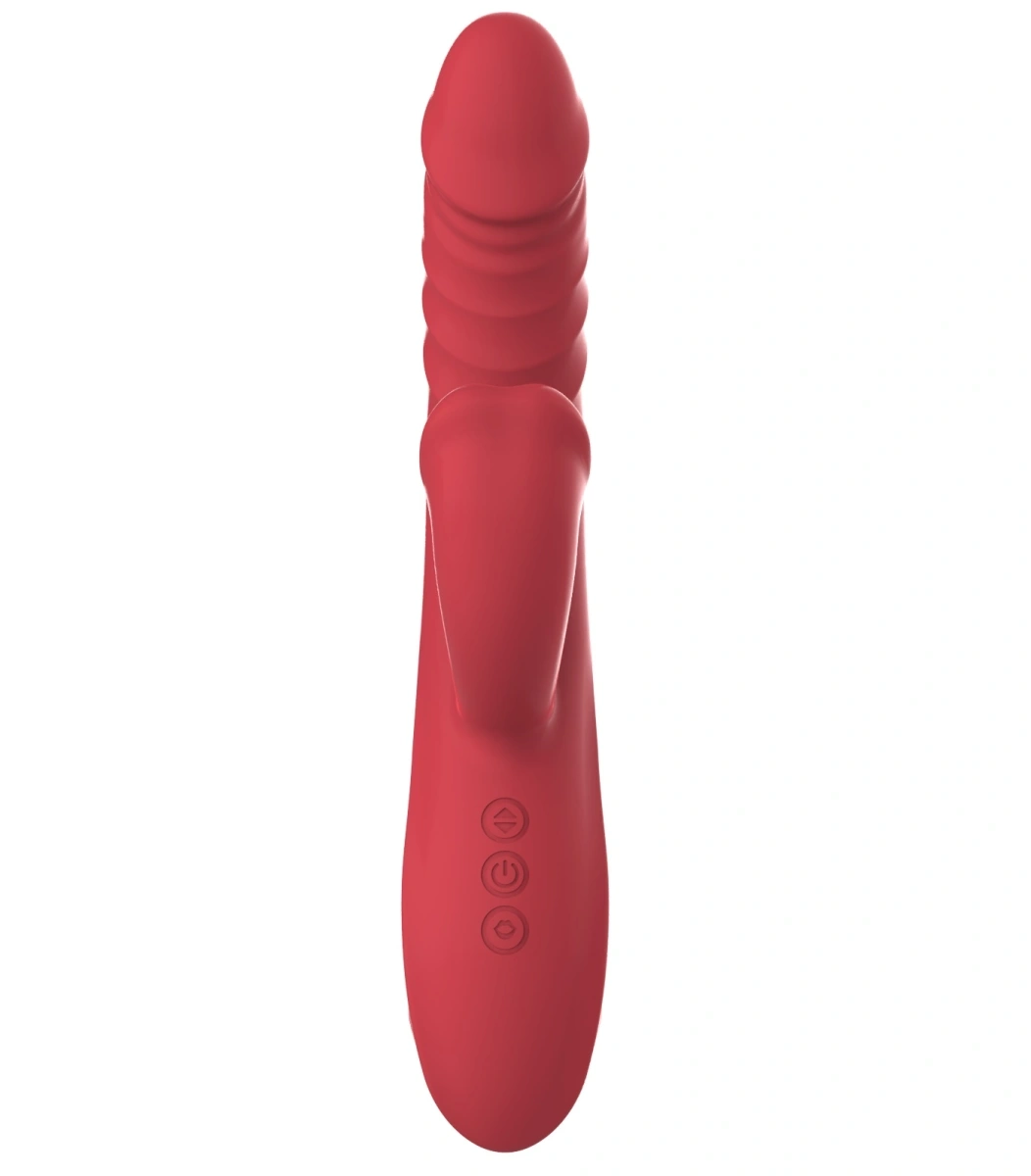 Vibrator Thrusting Rabbit, 10 Moduri Vibratii, 5 Moduri Impingere, 5 Moduri Muscare, Silicon, USB Magnetic, Rosu, 24.6 cm, Passion Labs, #6, Erotic24.ro