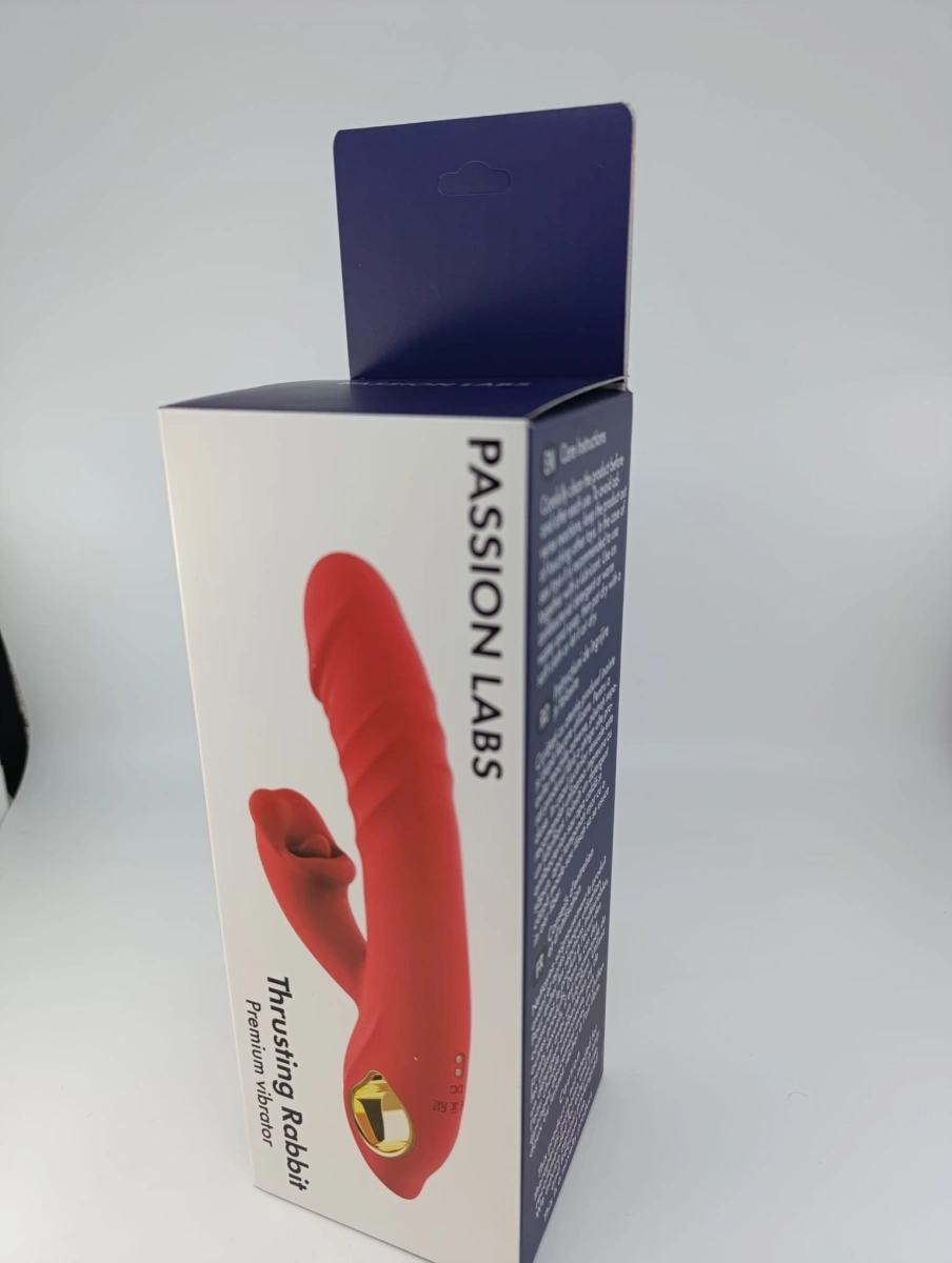 Vibrator Thrusting Rabbit, 10 Moduri Vibratii, 5 Moduri Impingere, 5 Moduri Muscare, Silicon, USB Magnetic, Rosu, 24.6 cm, Passion Labs, #12, Erotic24.ro