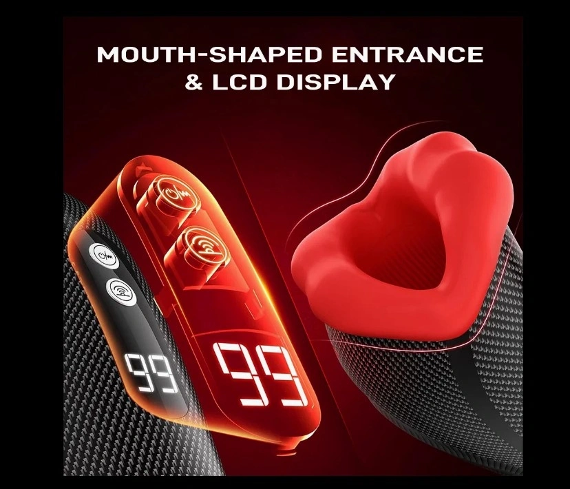 Masturbator Red Lips, Display LCD, 9 Moduri Vibratii, 9 Moduri Tapare, Silicon, USB, Negru/Rosu, 18 cm, Passion Labs, #3, Erotic24.ro