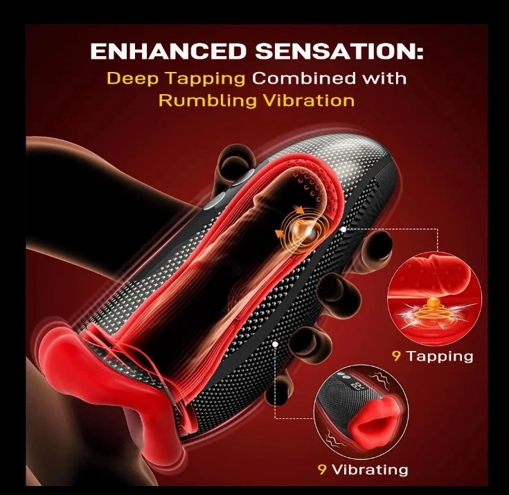 Masturbator Red Lips, Display LCD, 9 Moduri Vibratii, 9 Moduri Tapare, Silicon, USB, Negru/Rosu, 18 cm, Passion Labs, #2, Erotic24.ro