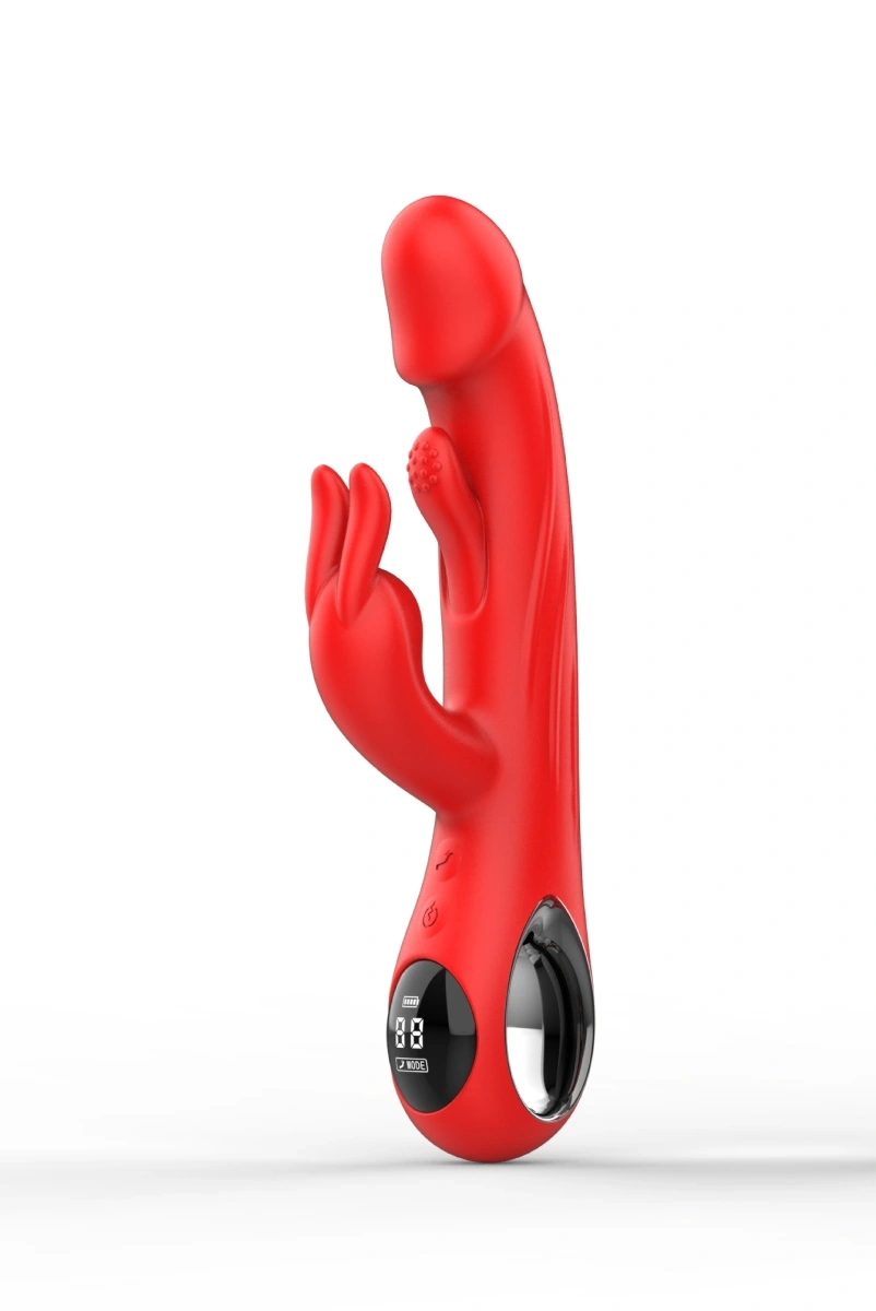 Vibrator Flapping Rabbit, Display LCD, 9 Moduri Vibratii, 9 Moduri Tapare, Silicon, USB Magnetic, Rosu, 24.2 cm, Passion Labs