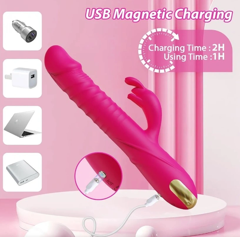 Vibrator Iepuras Thrusting, 10 Moduri Vibratii, 3 Moduri Impingere, Silicon, USB, Roz, 23 cm, Guilty Toys, #3, Erotic24.ro