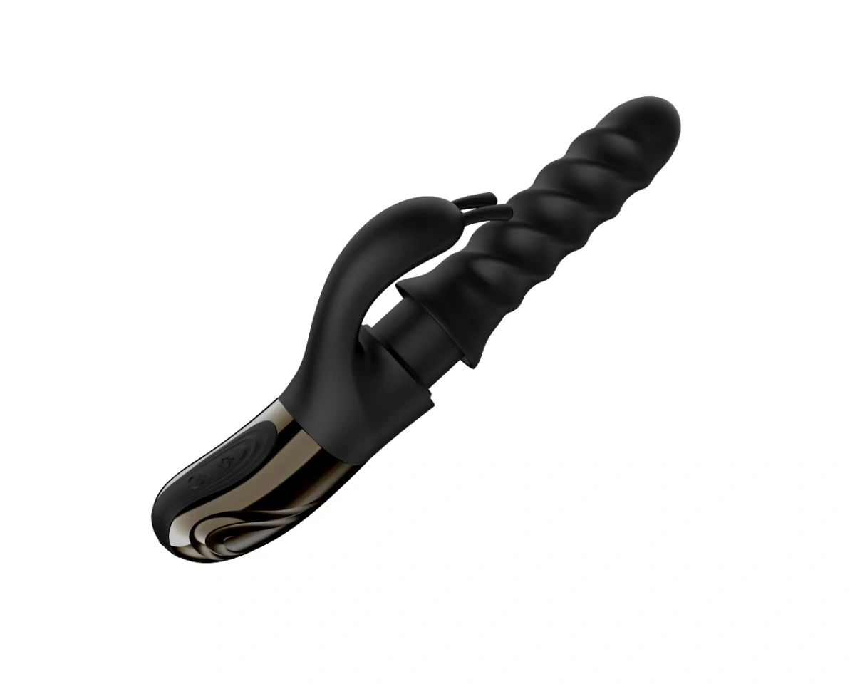 Vibrator Swirl Rabbit, 5 Moduri de Impingere si Rasucire, 8 Moduri Vibratii, Silicon, USB, Negru, 25.7 cm, Passion Labs, #5, Erotic24.ro