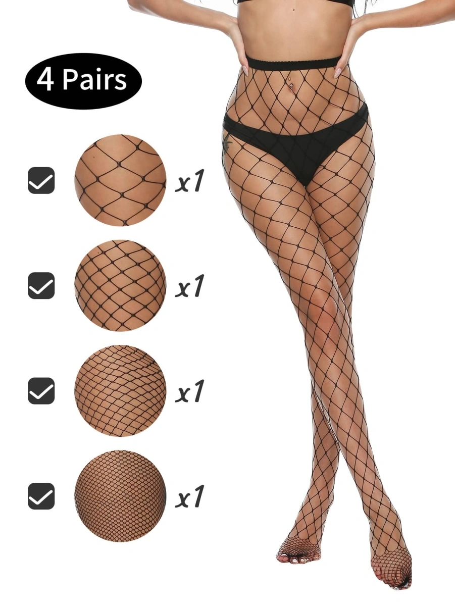 Set 4 Ciorapi din Plasa Fishnet, Negru, S-L, Nr. 2, Erotic24.ro