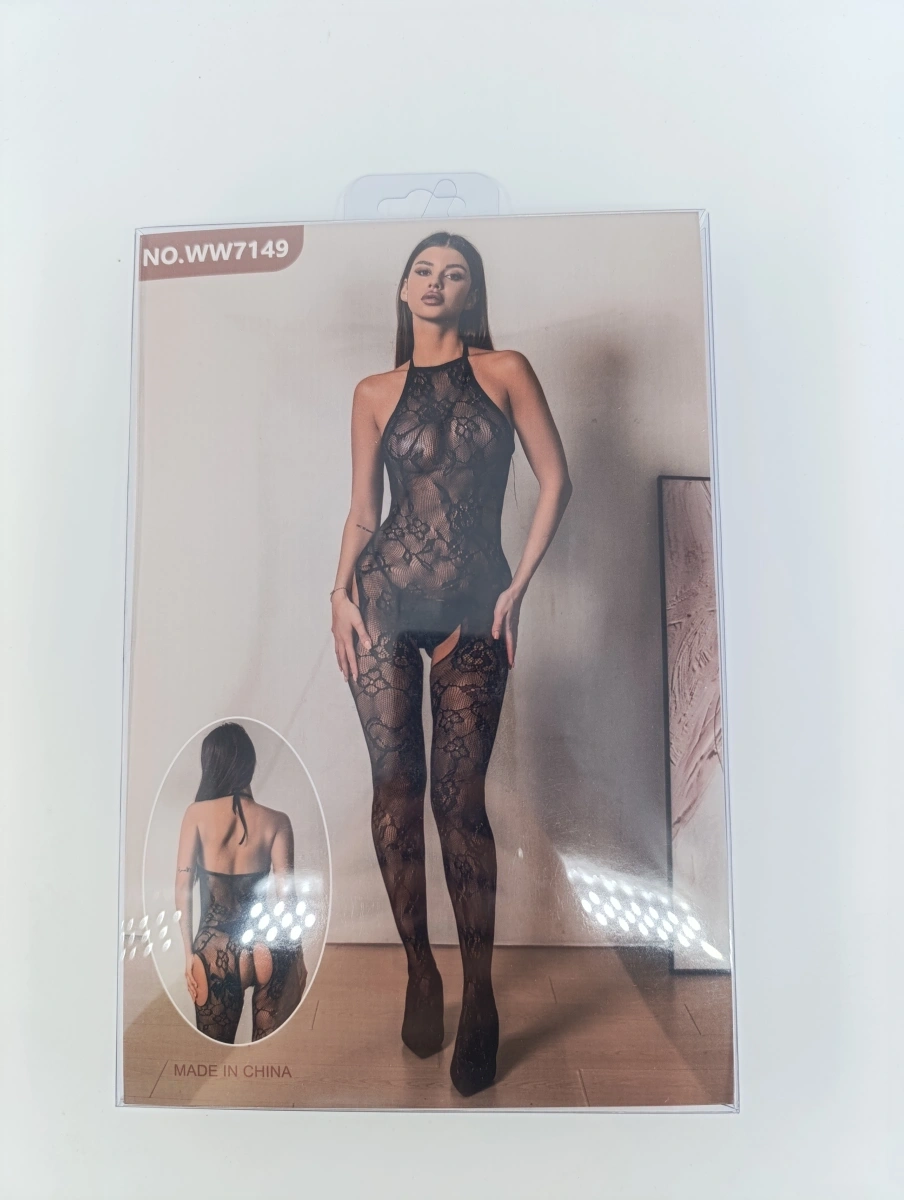 Bodystocking Crotchless cu Design Floral, Negru, S-L, #6, Erotic24.ro