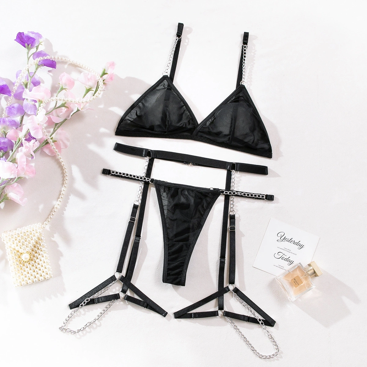 Set Lenjerie 3 Piese Lorra cu Lanturi, Negru, S/M, #5, Erotic24.ro