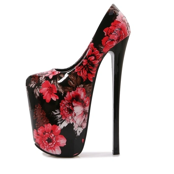 Pantofi Foarte Inalti Design Floral, Rosu/Negru, Marime 43