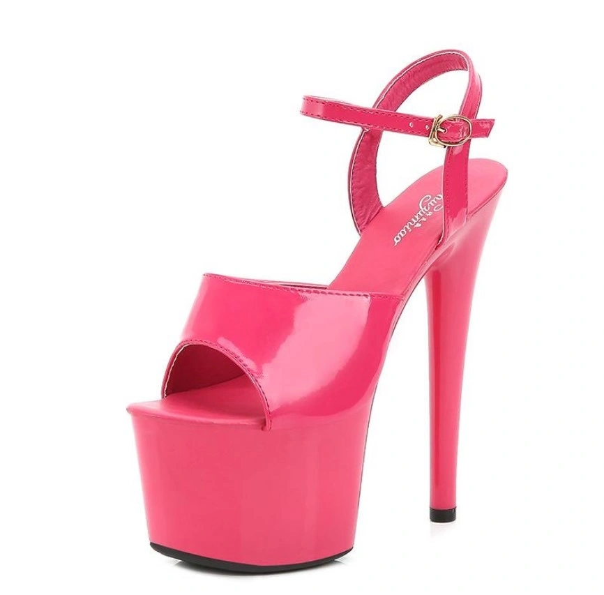 Sandale cu Platforma si Toc Stiletto Inalt, Lacuite, Fuchsia, Marime 40