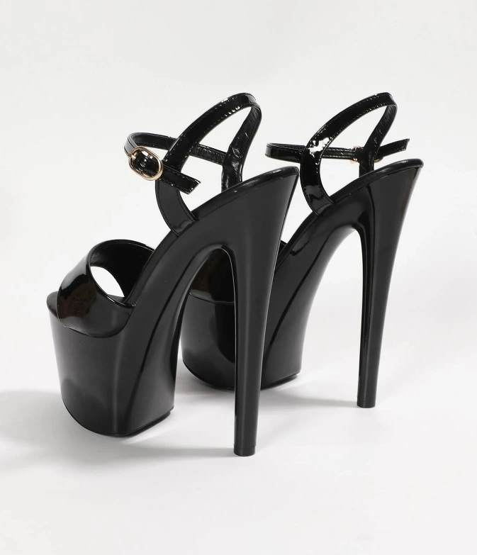Sandale cu Platforma si Toc Stiletto Inalt, Lacuite, Negru, Marime 38, Nr. 2, Erotic24.ro