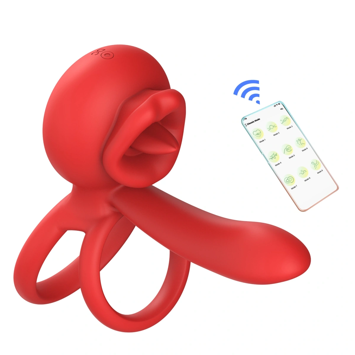 Inel de Penis Tongue Licking with Sleeve, Control Bluetooth, Aplicatie Mobila, Silicon, USB, Rosu, #3, Erotic24.ro