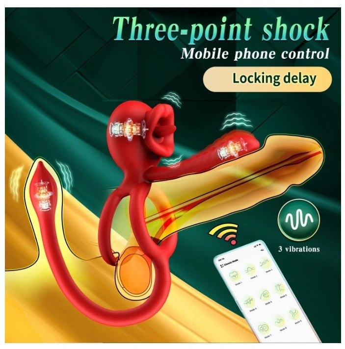 Inel de Penis Tongue Licking with Sleeve&Anal Stim, Control Bluetooth, Aplicatie Mobila, Silicon, USB, Rosu, #2, Erotic24.ro