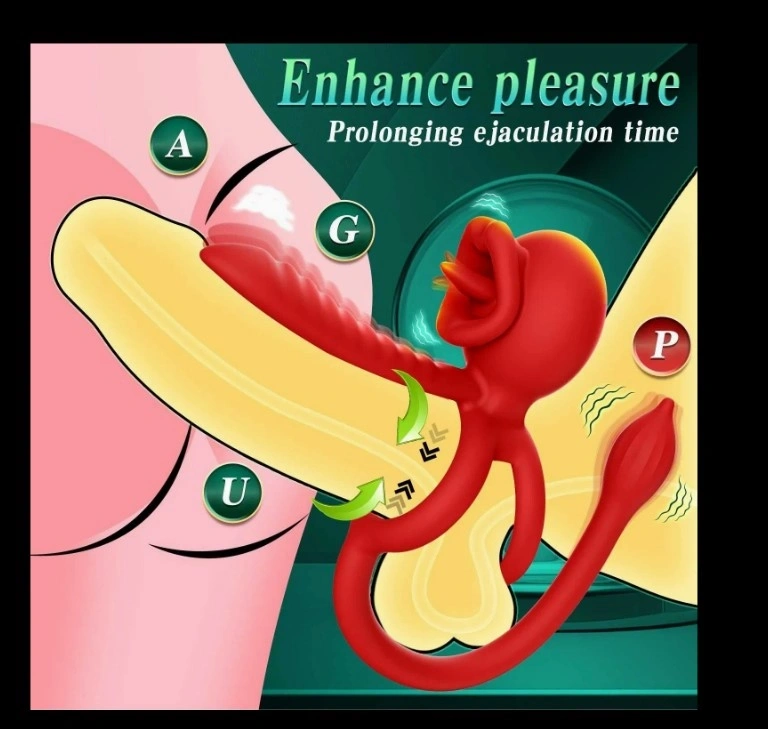 Inel de Penis Tongue Licking with Sleeve&Anal Stim, Control Bluetooth, Aplicatie Mobila, Silicon, USB, Rosu, #3, Erotic24.ro