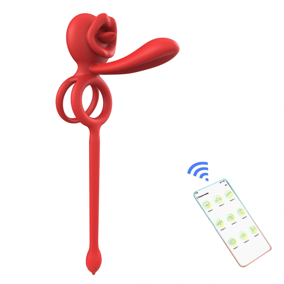 Inel de Penis Tongue Licking with Sleeve&Anal Stim, Control Bluetooth, Aplicatie Mobila, Silicon, USB, Rosu, #4, Erotic24.ro