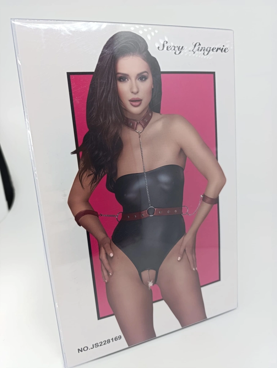 Set Lenjerie Body Crotchless si Catuse cu Choker, Material Wetlook, Negru/Rosu, S/M, #5, Erotic24.ro