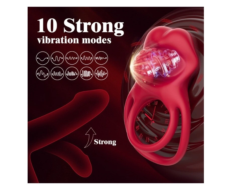 Inel Dublu de Penis Sexy Tongue, 10 Moduri Vibratii, Silicon, Rosu, Guilty Toys, #4, Erotic24.ro