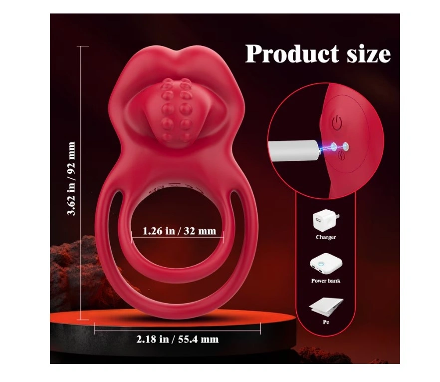 Inel Dublu de Penis Sexy Tongue, 10 Moduri Vibratii, Silicon, Rosu, Guilty Toys, #2, Erotic24.ro