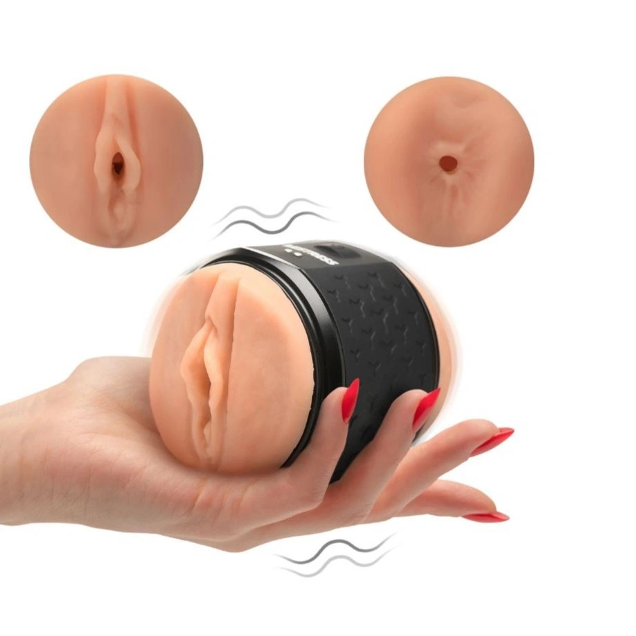 Masturbator Vibrating Double Shot Pussy&Anus, 10 Functii Vibratii, TPE, USB, Natural, 12 cm