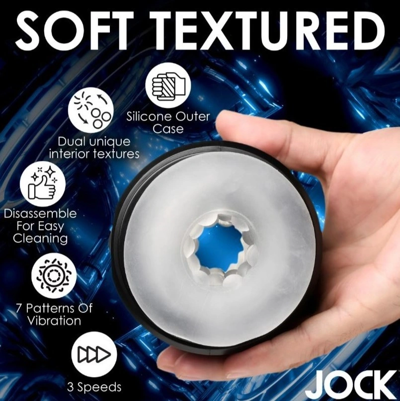 Masturbator Dublu Jock, 10 Functii Vibratii, TPE, USB, Transparent, 12 cm, Nr. 4, Erotic24.ro