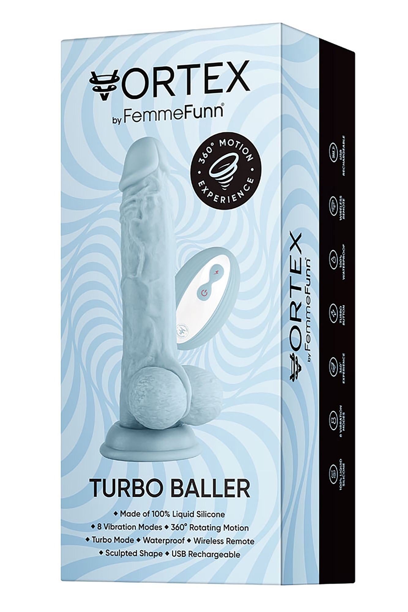 Vibrator Realist Vortex Turbo Baller FemmeFunn, Remote Control, 8 Moduri Vibratii, 1 Miscare Rotatie, Silicon Lichid, USB, Albastru, 20.6 cm, #9, Erotic24.ro