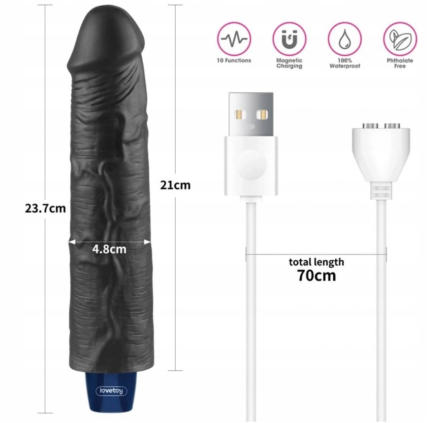 Vibrator Realist REAL SOFTEE,  10 Moduri Vibratii, TPE, Negru, 23.7 cm, #9, Erotic24.ro