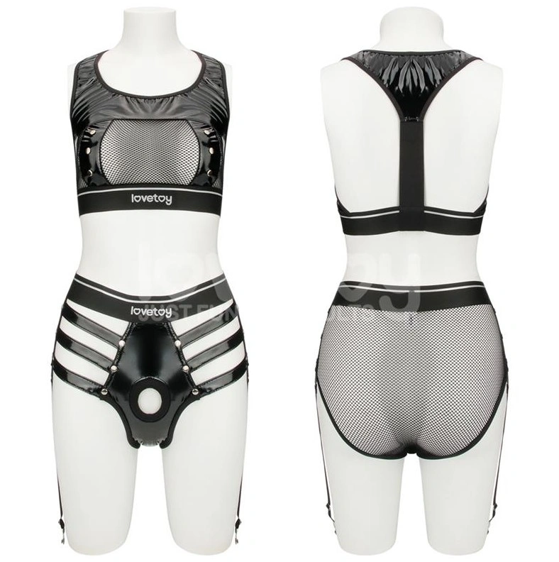 Set 2 Piese Rebellion Top si Strap-on, Material Wetlook si Plasa, Negru, M/L, #2, Erotic24.ro