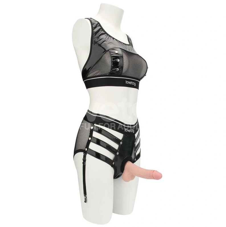 Set 2 Piese Rebellion Top si Strap-on, Material Wetlook si Plasa, Negru, M/L, #3, Erotic24.ro
