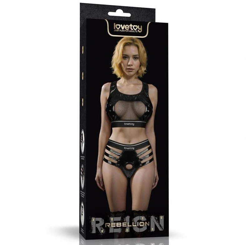 Set 2 Piese Rebellion Top si Strap-on, Material Wetlook si Plasa, Negru, M/L, #7, Erotic24.ro