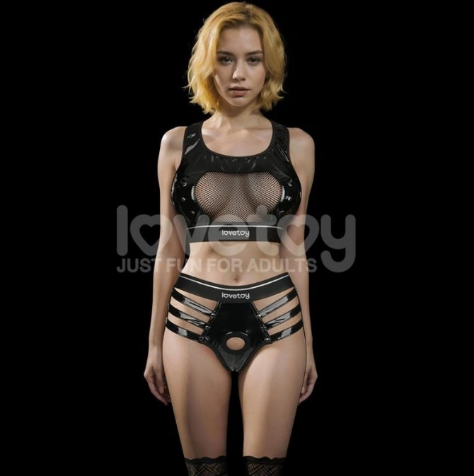 Set 2 Piese Rebellion Top si Strap-on, Material Wetlook si Plasa, Negru, M/L, #1, Erotic24.ro