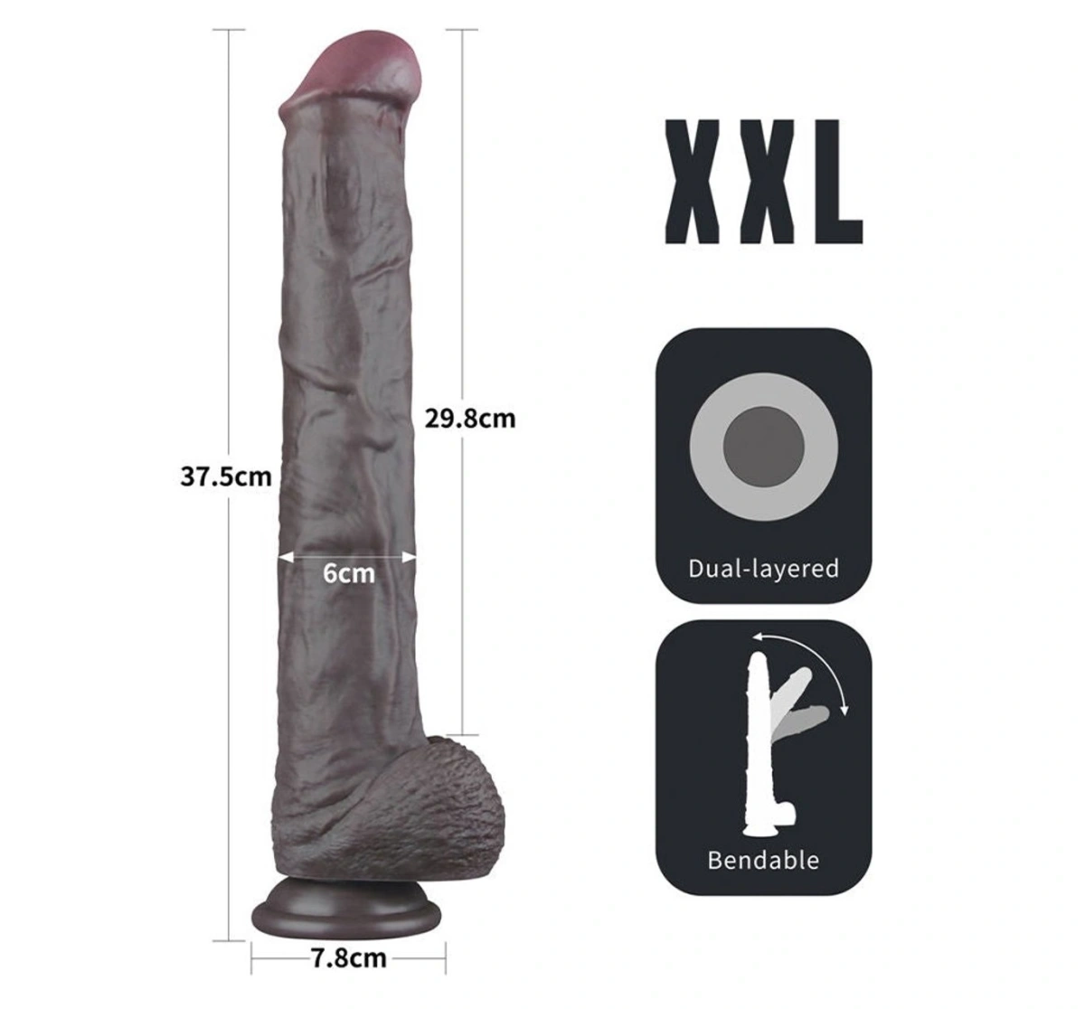 Dildo Realist Bendable Nature Cock XXL, Silicon Dubla Densitate, Negru, 37.5 cm, Nr. 4, Erotic24.ro
