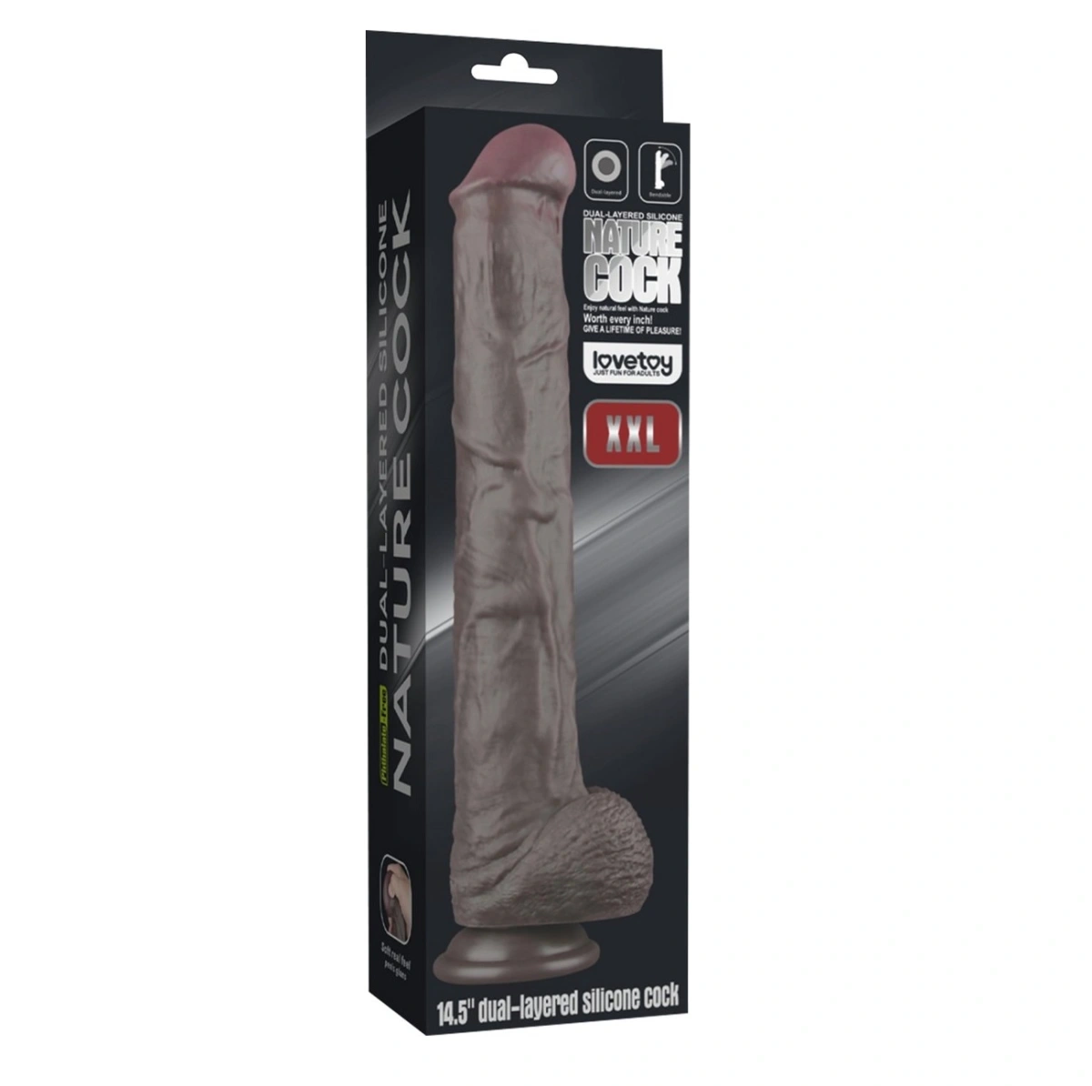 Dildo Realist Bendable Nature Cock XXL, Silicon Dubla Densitate, Negru, 37.5 cm, Nr. 8, Erotic24.ro