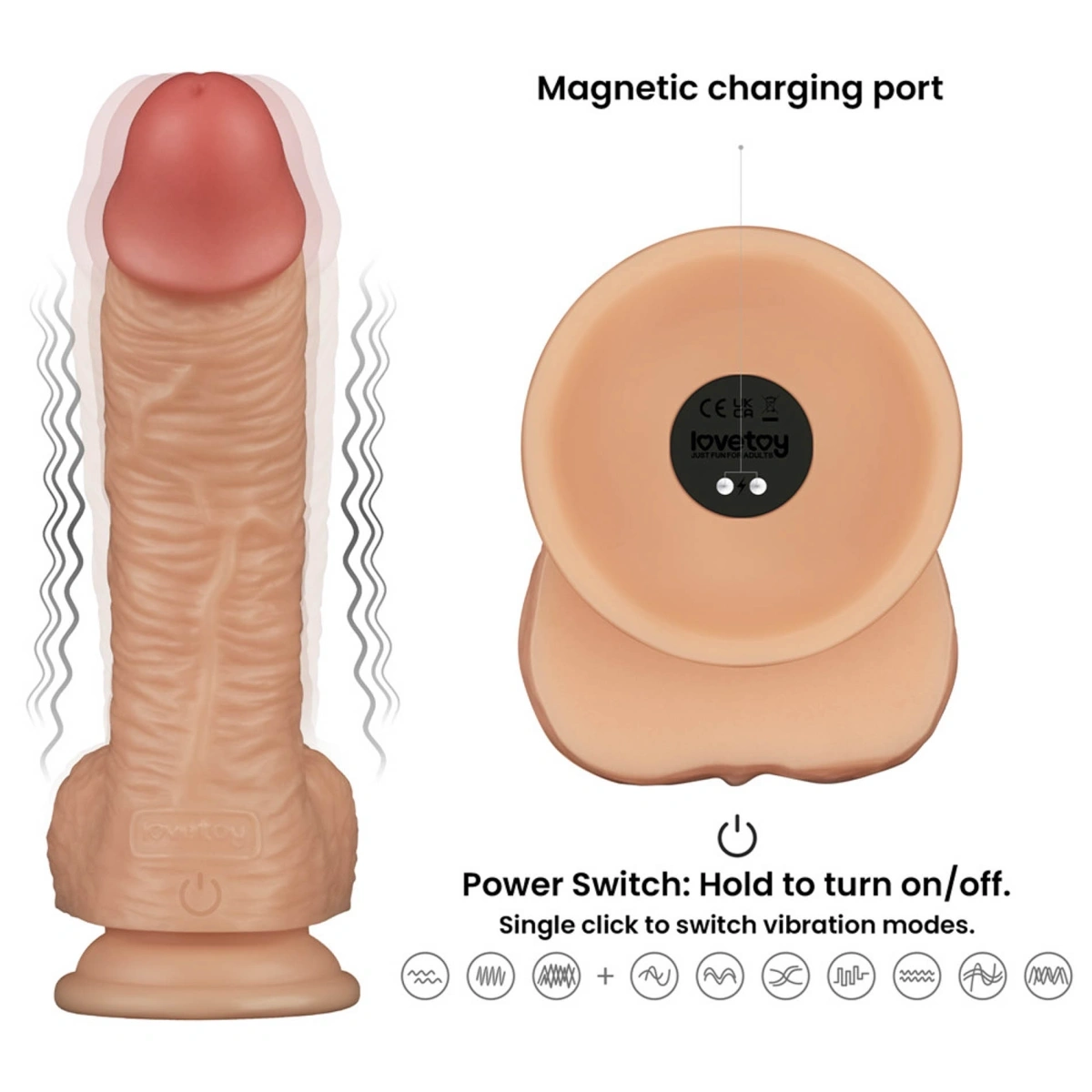 Vibrator Realistic Power Basics, 10 Moduri Vibratii, PVC, Natural, 21.6 cm, Nr. 2, Erotic24.ro