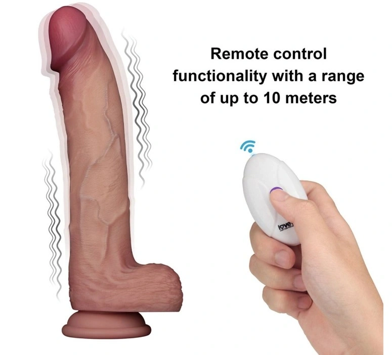 Vibrator Realist Sliding-Skin PRO II, Remote Control, Silicon Dubla Densitate, Maro, 25 cm, #2, Erotic24.ro