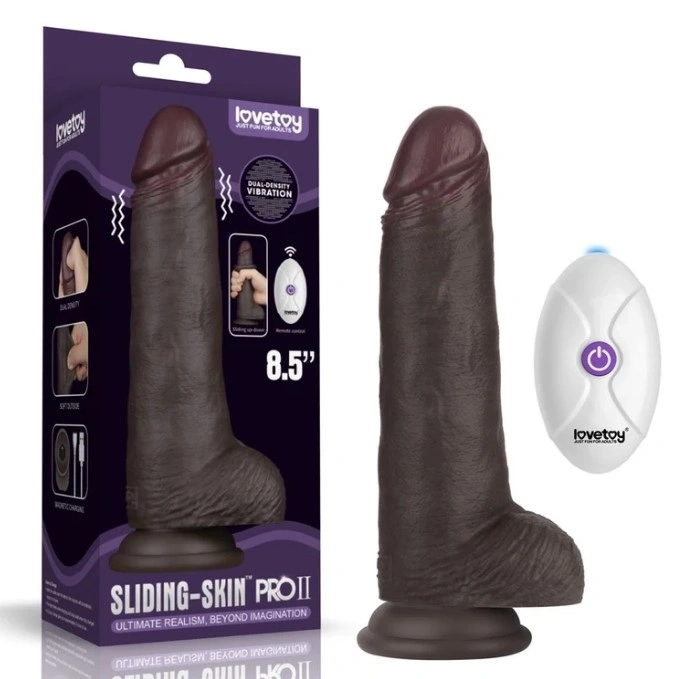 Vibrator Realist Sliding-Skin PRO II, Remote Control, Silicon Dubla Densitate, Negru, 21.5 cm, #1, Erotic24.ro